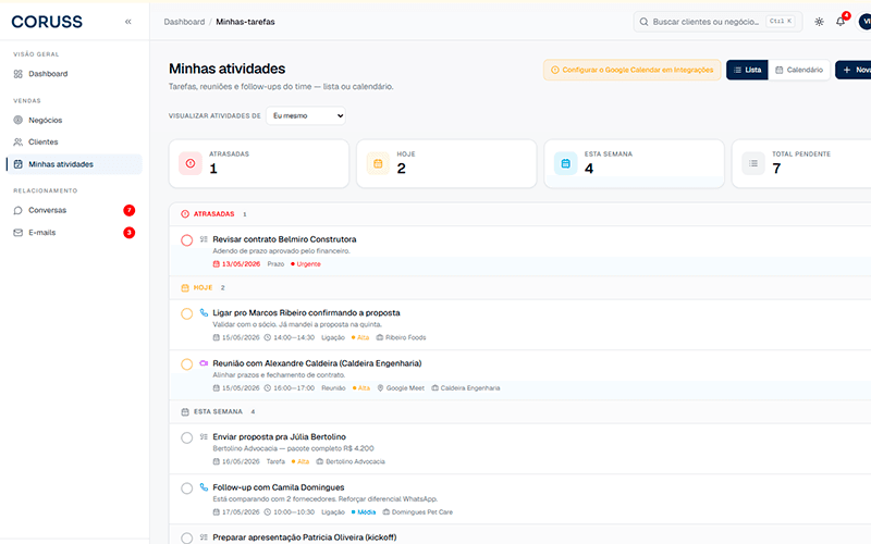 Lista de atividades do Coruss