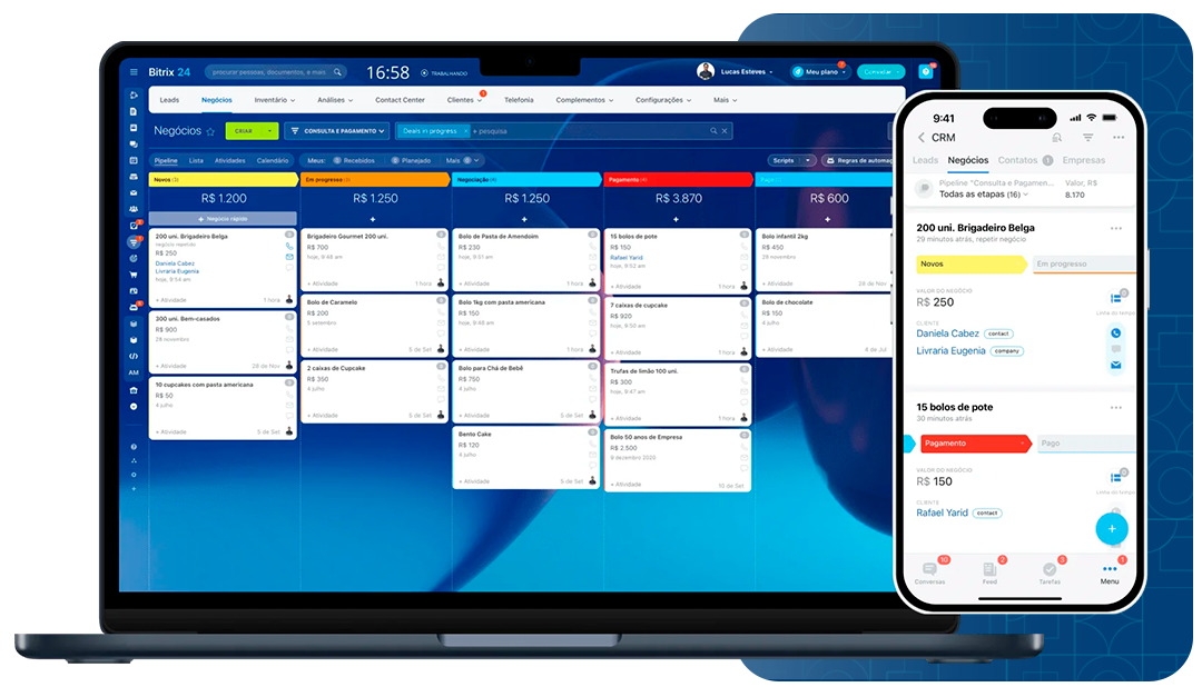 Tela de um laptop e de um smartphone mostrando o CRM do Bitrix24 com painel de gerenciamento de negócios.